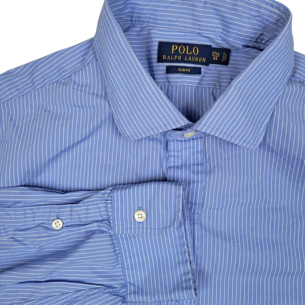 Polo Ralph Lauren Dress Shirt Slim Fit XL 17 1/2 Blue White Pinstripe‎